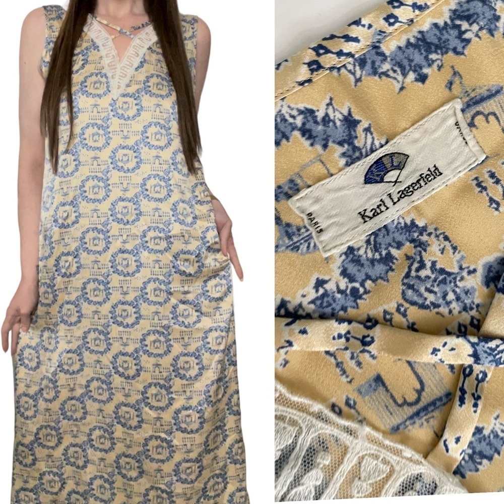 karl lagerfeld 80’s Vintage Paris Printed Satin Nightgown Slip Dress M france